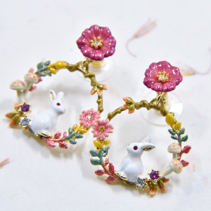 手工珐琅梦幻花园兔子花朵圆环 花环耳环耳钉耳夹 项链 手镯 戒指