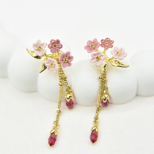 法国手工珐琅 粉黛茉莉系列 粉色茉莉花 流苏耳环 耳夹