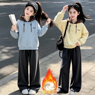 女童秋冬装套装2026新款儿童加绒加厚卫衣中大童休闲阔腿裤两件套