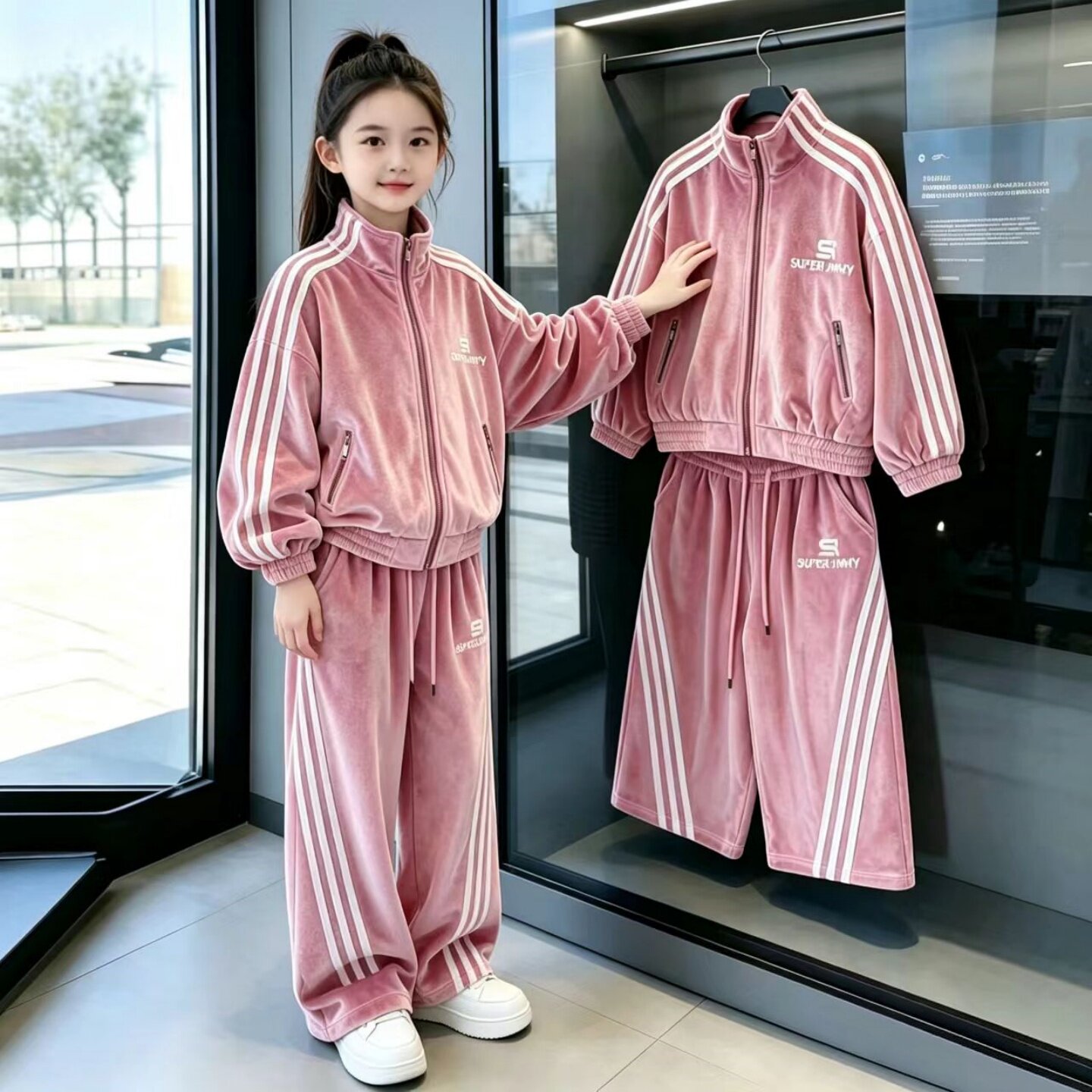 女童运动套装春秋洋气儿童金丝绒卫衣外套秋装中大童阔腿裤两件套