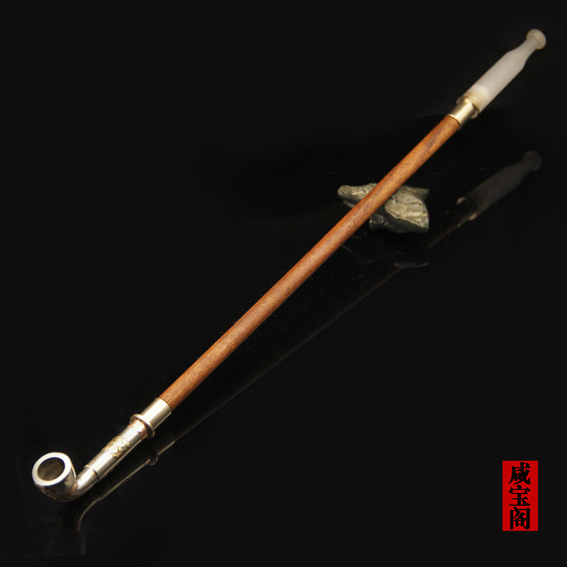咸宝阁 中式手工中长款白玛瑙卫生烟嘴檀木杆白铜镶花锅旱烟袋
