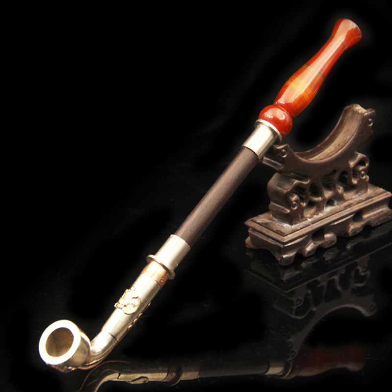 咸宝阁 中式旱烟袋花瓶型玛瑙嘴檀木杆白铜镶花手工锅中款