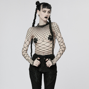 ╋魔叹╋ PUNK RAVE 街头朋克哥特GOTHIC性感连体网格T恤女 WT782
