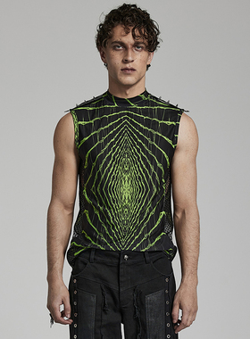 ╋魔叹╋ PUNKRAVE摇滚哥特赛博蒸汽朋克个性印花男背心T恤 WT781