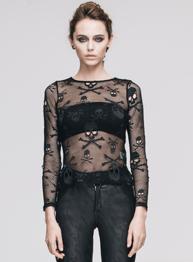 ╋魔叹╋ DEVIL FASHION 街头朋克PUNK骷髅头渔网露洞T恤 TTP223