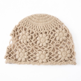 100%纯山羊绒帽子女新款镂空手工钩花针织毛线帽保暖护耳包头帽子
