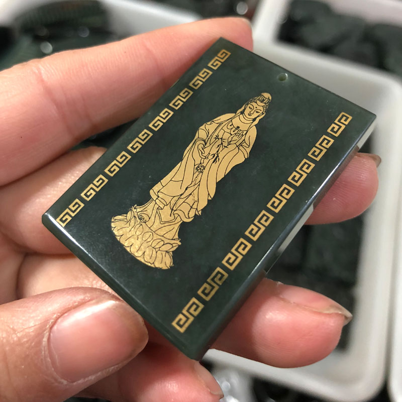 天然和田青玉南海观音错金工艺玉牌吊坠转运护身菩萨男女项链证书