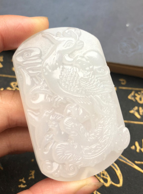 新疆外蒙料玉石方牌凤牌员坠白玉朱雀丹凤朝阳项链