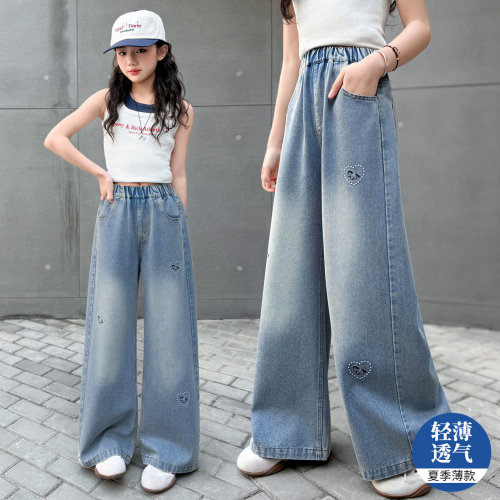 女童裤子夏季薄款2026新款大童初中生直筒裤女孩牛仔裤休闲阔腿裤