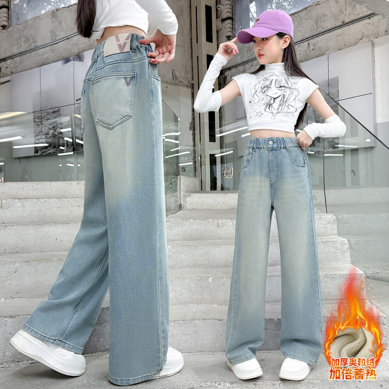 女童裤子秋冬加绒2025新款女孩冬装阔腿裤女大童宽松牛仔裤初中生