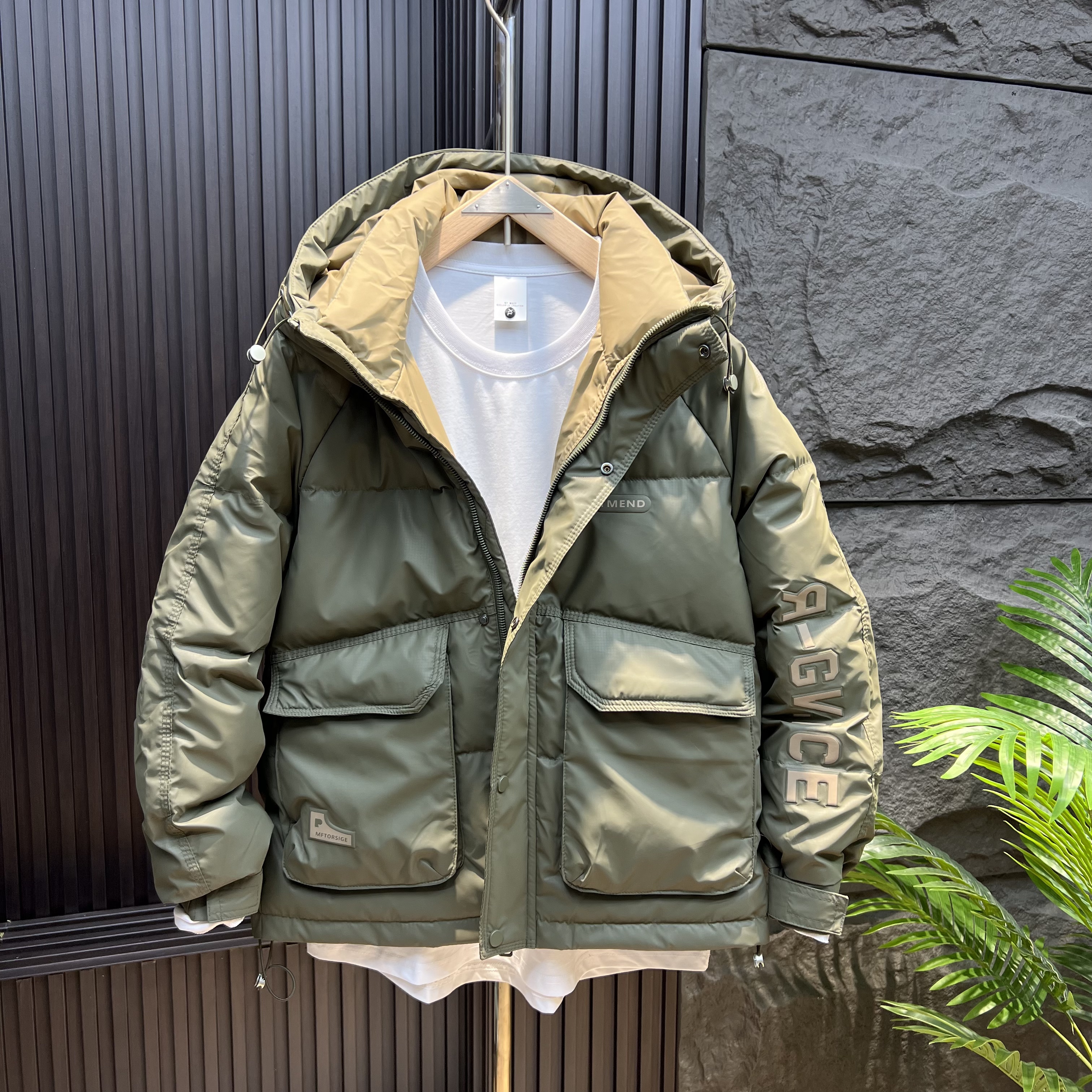 冬季男连帽潮牌免洗羽绒服潮流韩版修身痞帅工装外套保暖夹克拼色