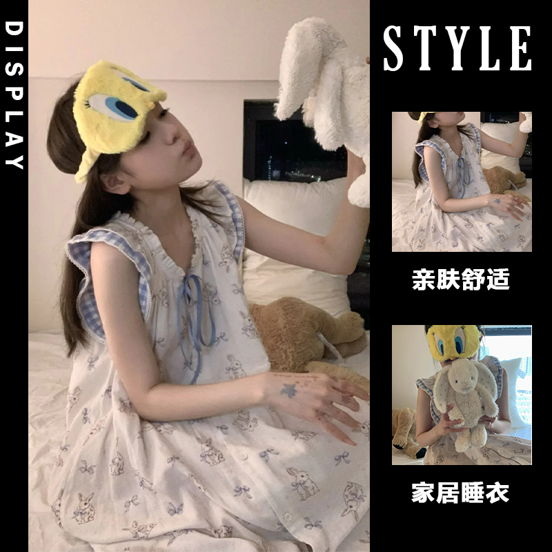 自带胸垫睡裙睡衣女夏季新款棉绸小飞袖简约甜美宽松可出门家居服