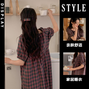 睡裙睡衣带胸垫新款 睡衣家居服 夏季 纯棉简约ins复古英伦风加长款