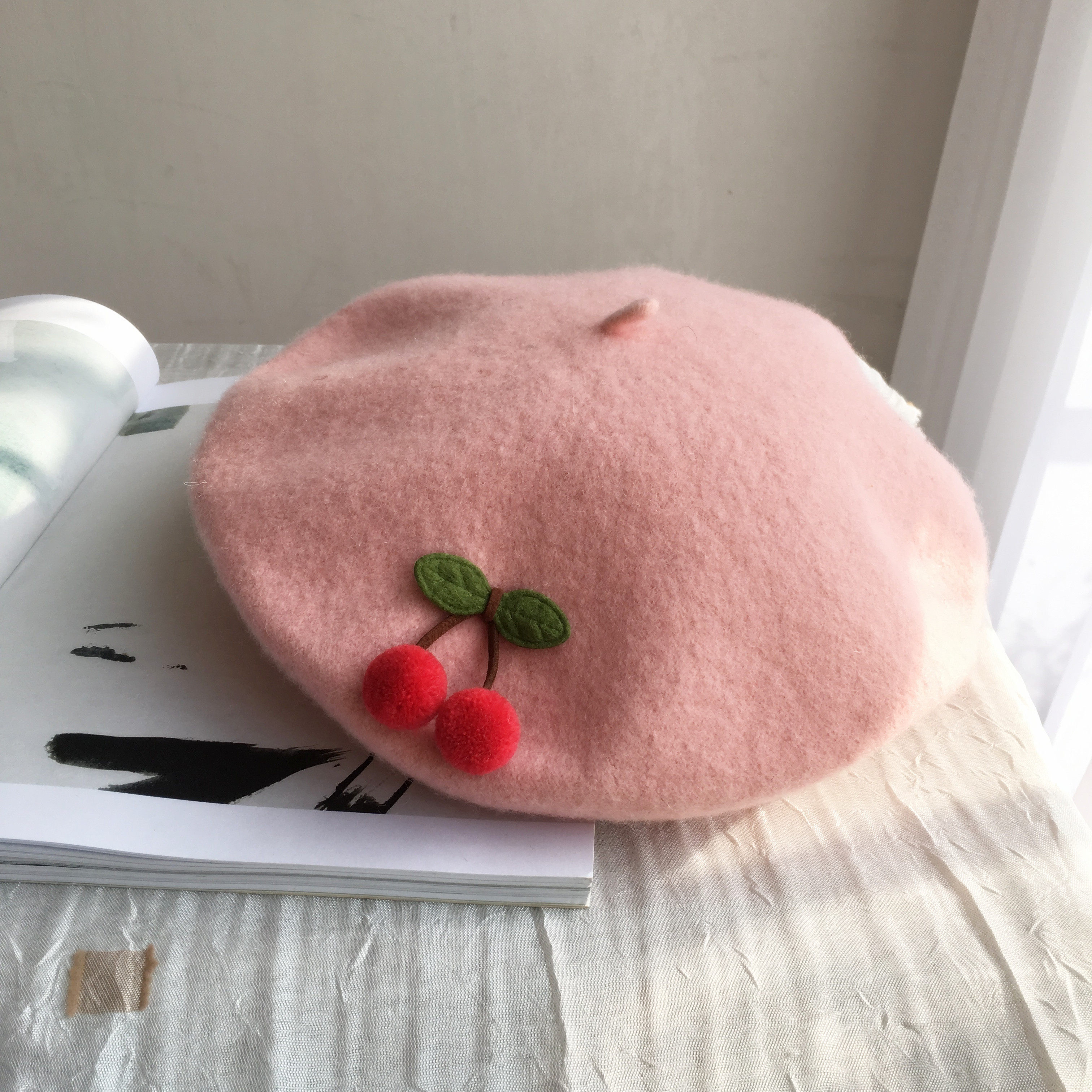 萌萌哒樱桃酱 日系森女手工纯羊毛呢毡画家帽贝雷帽 甜美贝雷帽子