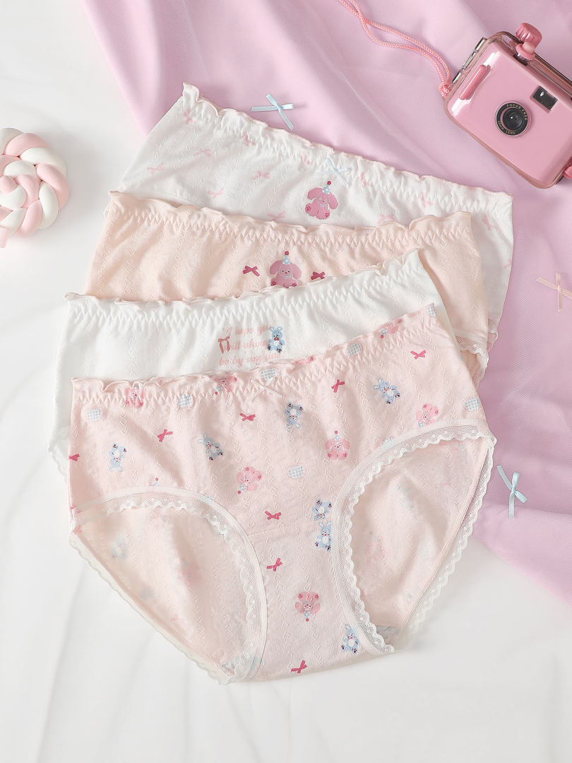 Pastel patterned lace-trim underwear panties laid flat