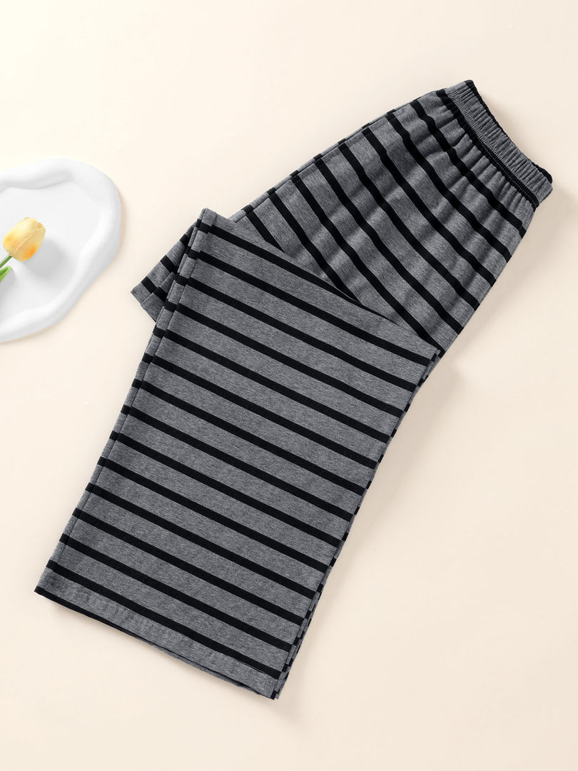 Gray and black striped elastic-waist shorts laid flat
