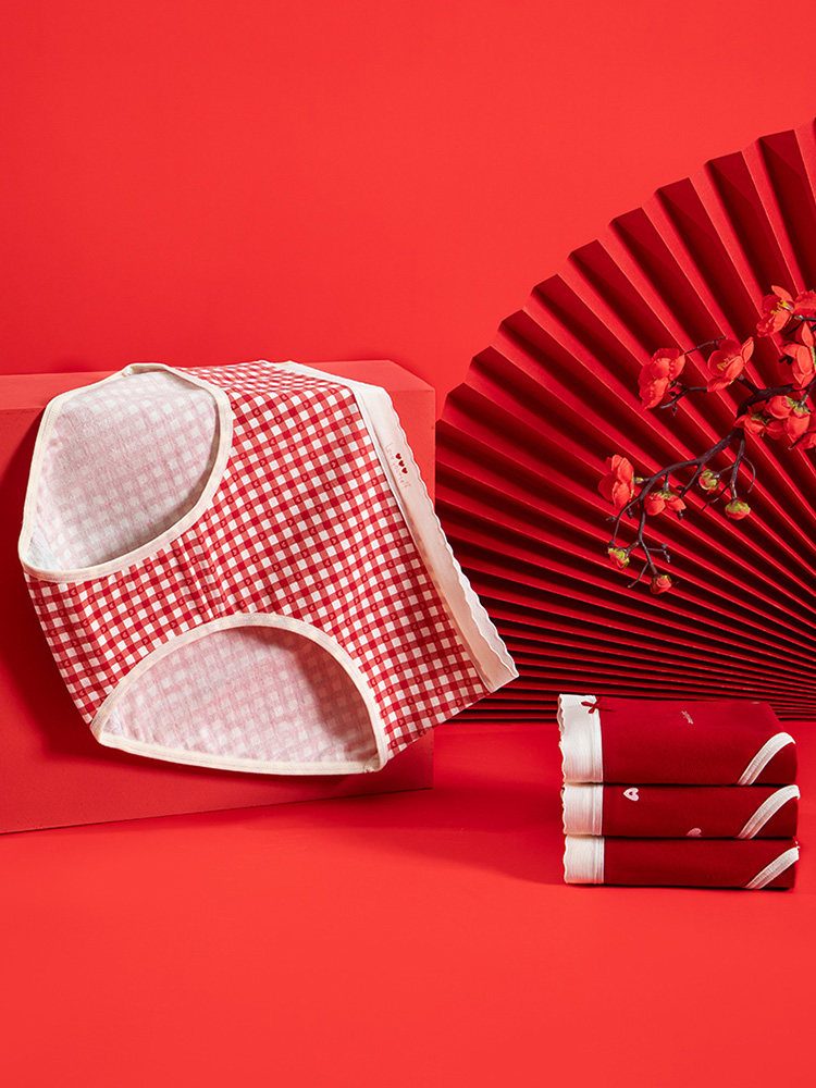 Red and white gingham underwear displayed on a red background
