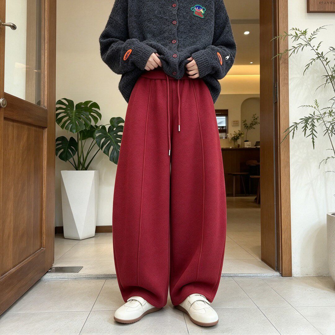 冬季加绒高腰抽绳羊毛阔腿卫裤