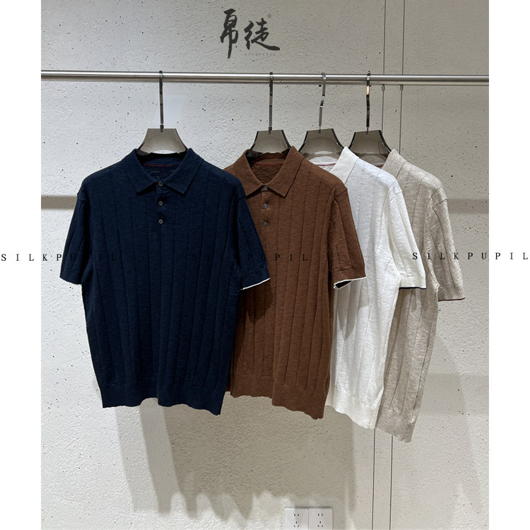 「康普顿」质雅极简老钱亚麻棉透气干爽竖条肌理翻领针织polo短袖