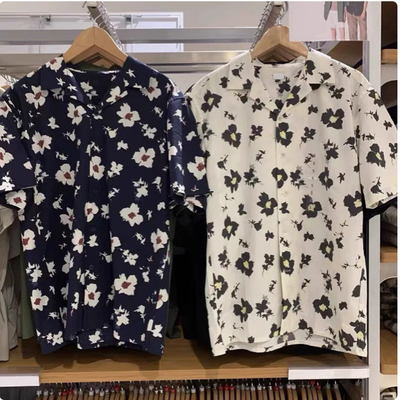 试衣间 夏季男透气莫代尔棉时尚印花古巴领短袖衬衫474522/477644
