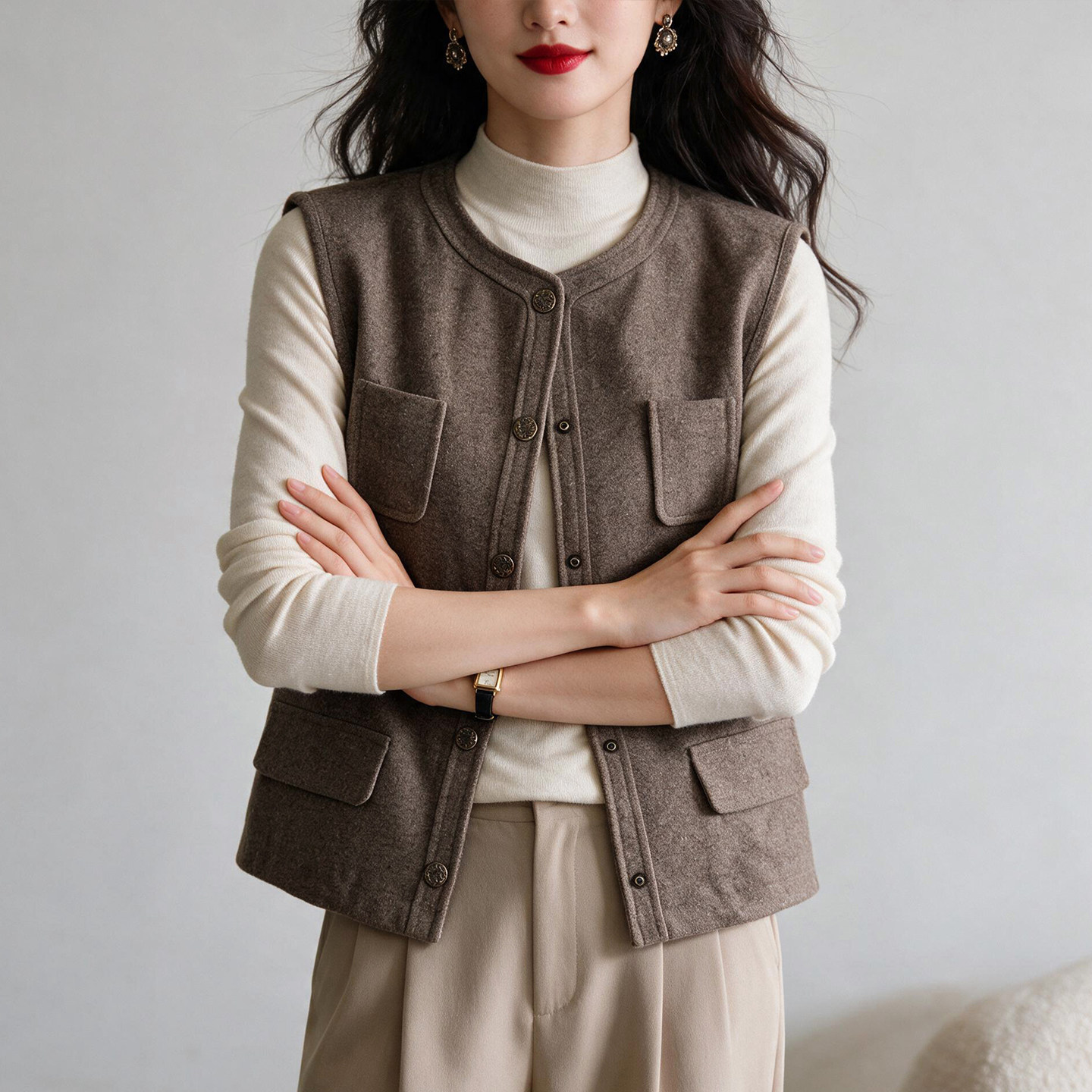 老钱风无袖呢料马甲女2026秋季圆领通勤外穿背心坎肩羊毛马夹外套