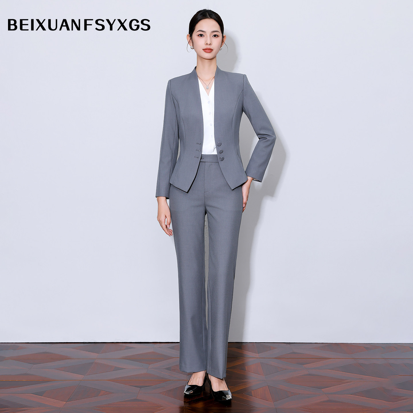 通勤灰色长裤职业女裤套装西装外套韩版衬衫春秋长袖气质