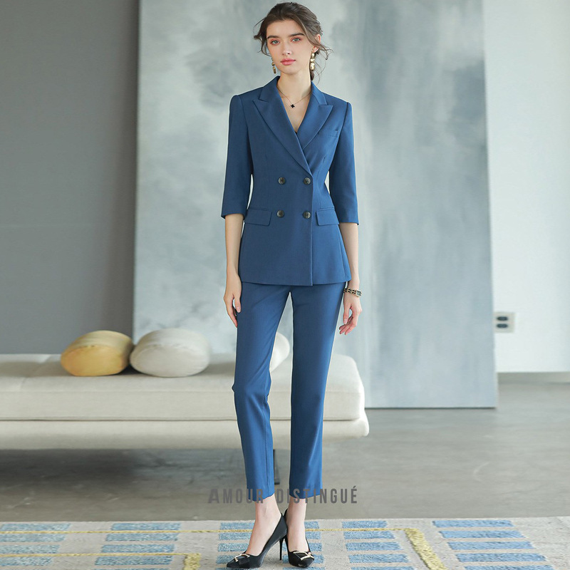 房产销售职业装工作服气质双排扣西装套装女士深蓝色西服正装