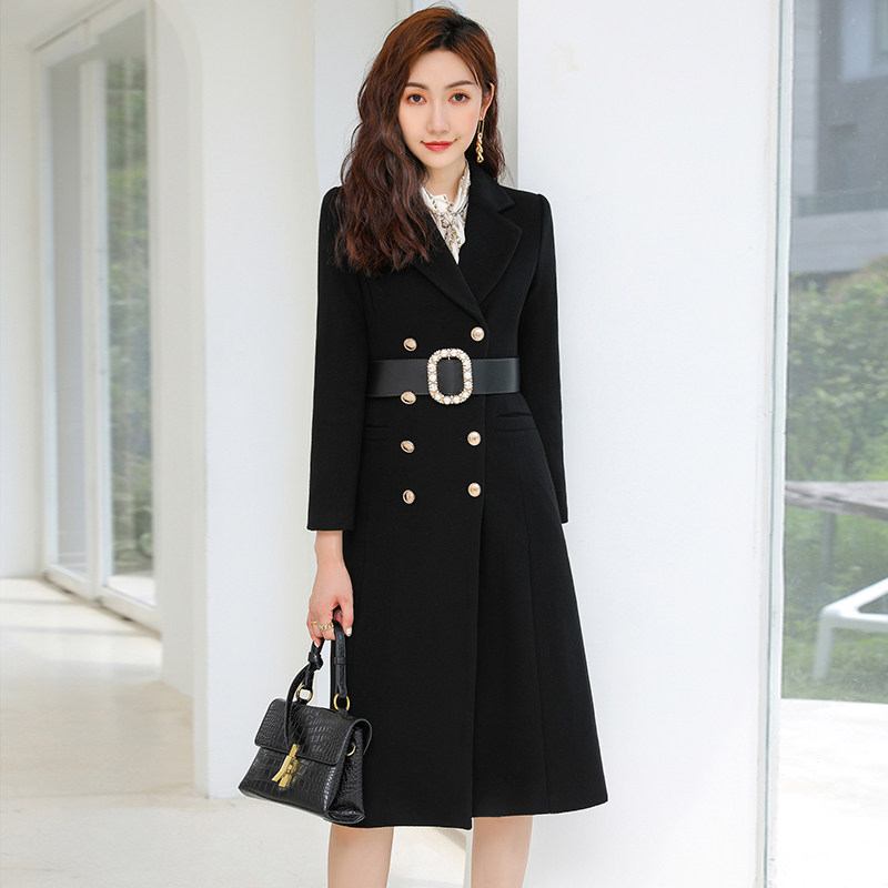 J-ME新款职业西装毛呢大衣女冬季气质法式复古中长款黑色收腰外套