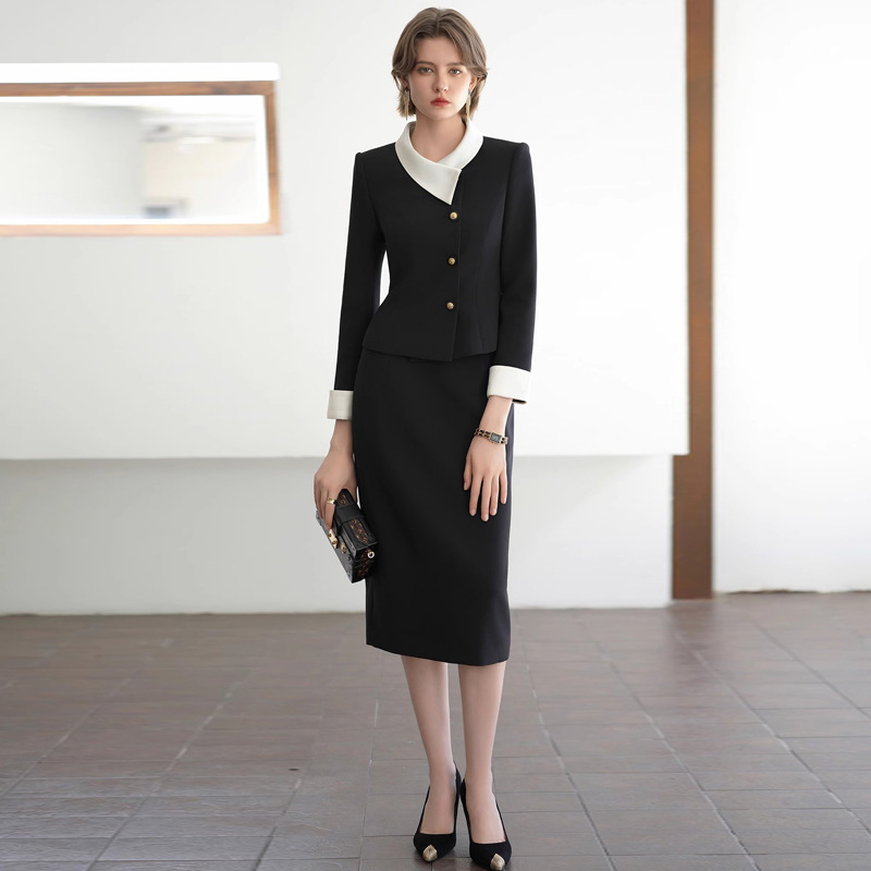 AD韩系高级感穿搭套装女秋季时尚两件套御姐范黑色醋酸长袖外套OL