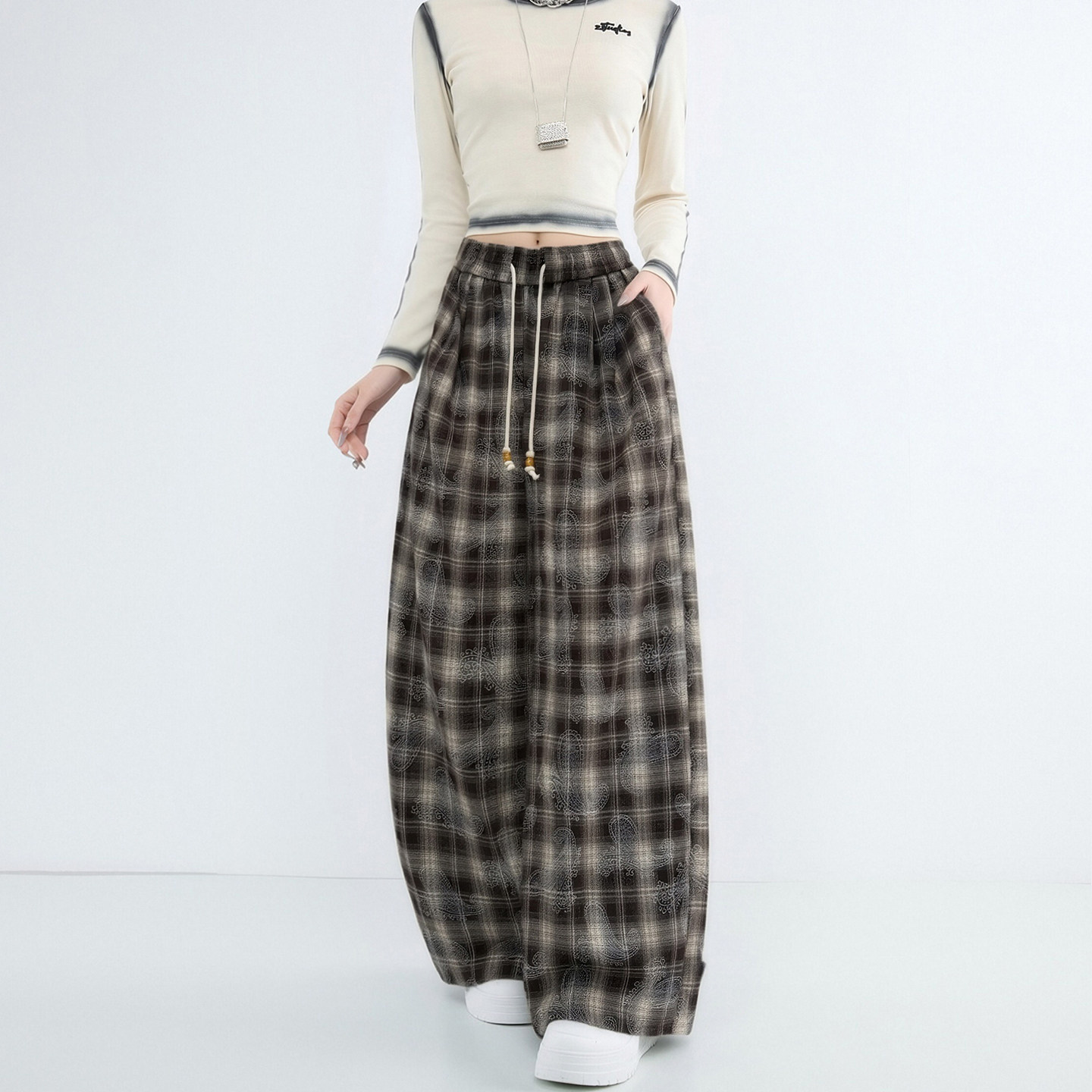 时尚格纹阔腿裤女2026春秋系带宽松显瘦休闲裤慵懒超好看薄款裤子图片