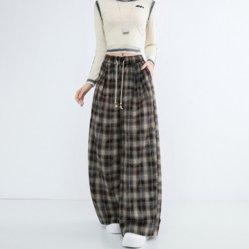 时尚格纹阔腿裤女2026春秋系带宽松显瘦休闲裤慵懒超好看薄款裤子
