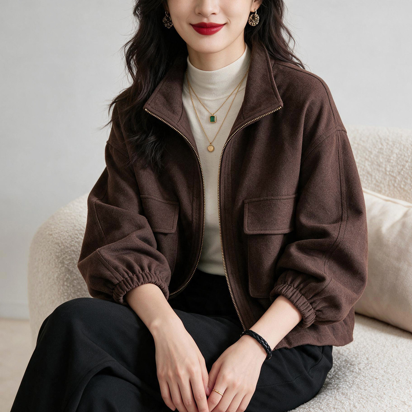 立领拉链毛呢外套女短款2026秋季小个子通勤大口袋羊毛呢夹克上衣