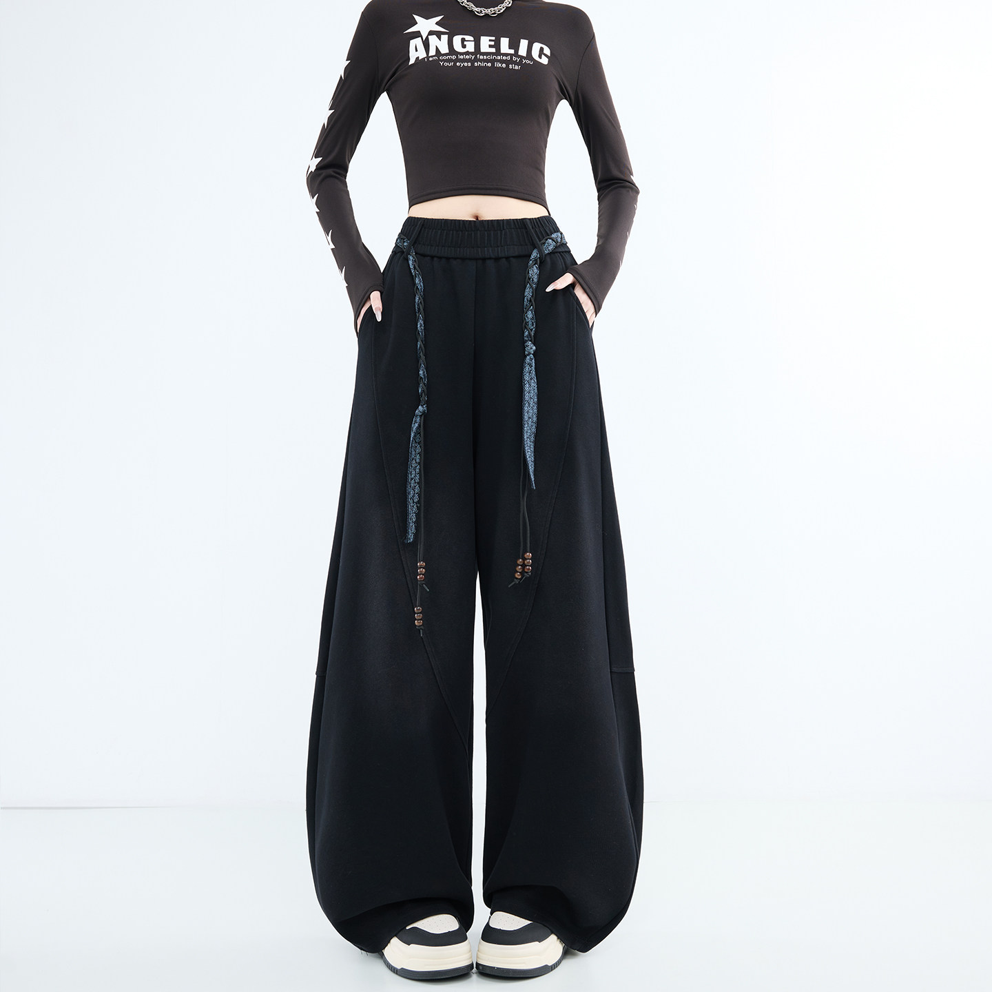 黑色高腰弯刀裤女2026春秋宽松显瘦腰带宽松慵懒风阔腿长裤休闲裤