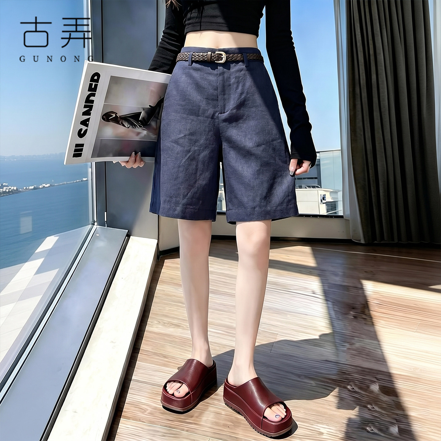 藏青色肌理天丝亚麻五分阔腿短裤女2026夏季薄款透气直筒休闲中裤