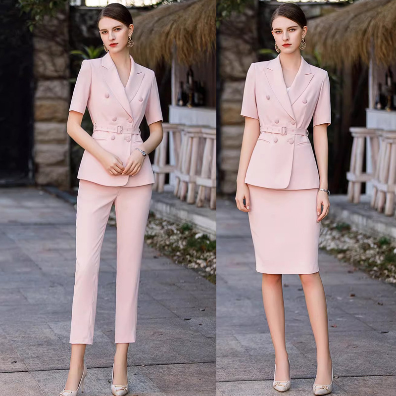AD高级感时尚气质粉色短袖西装套装女夏季薄款西服主持人职业装OL
