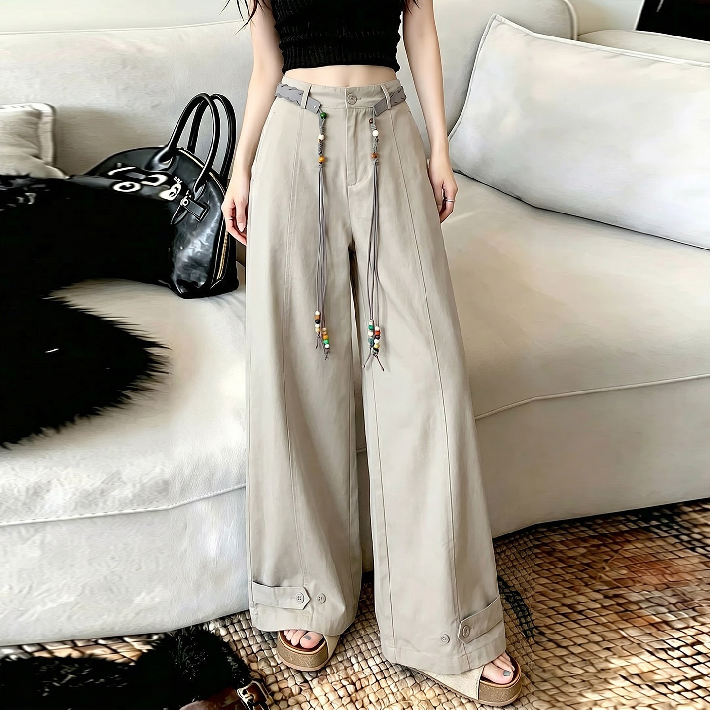 高级感高腰休闲裤女2026春秋腰带显瘦宽松阔腿裤流行裤子图片
