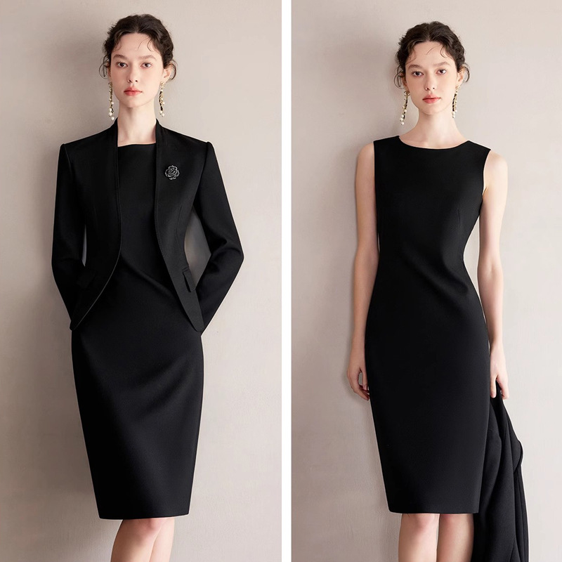 AD约会小黑裙2025新款女装套装轻奢高级感女人味西装连衣裙两件套