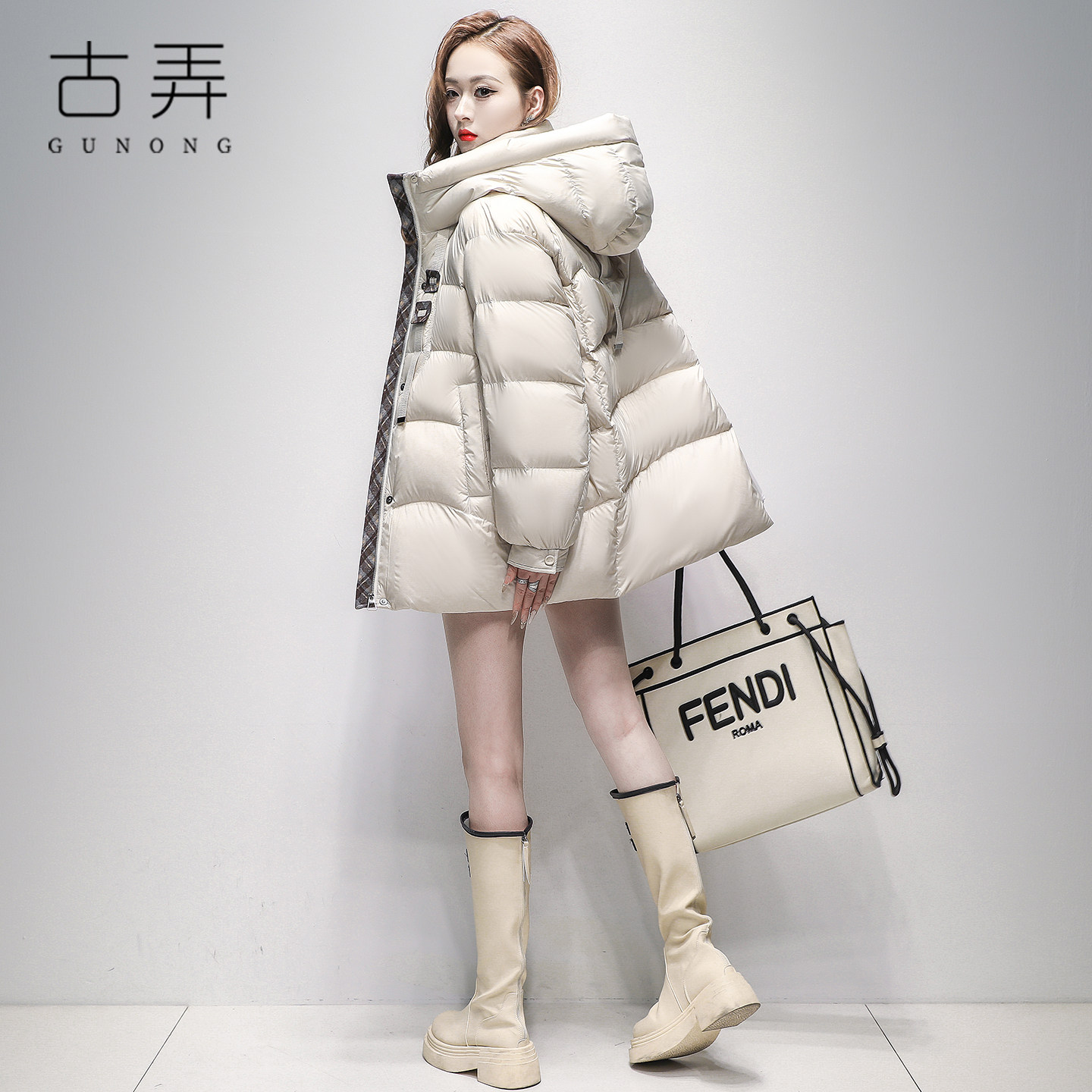 潮牌泡芙羽绒服女2025冬季新款中长款连帽格纹拼接保暖超好看外套,女装/女士精品,羽绒服,淘宝优惠券,粉丝福利购,淘宝优惠卷