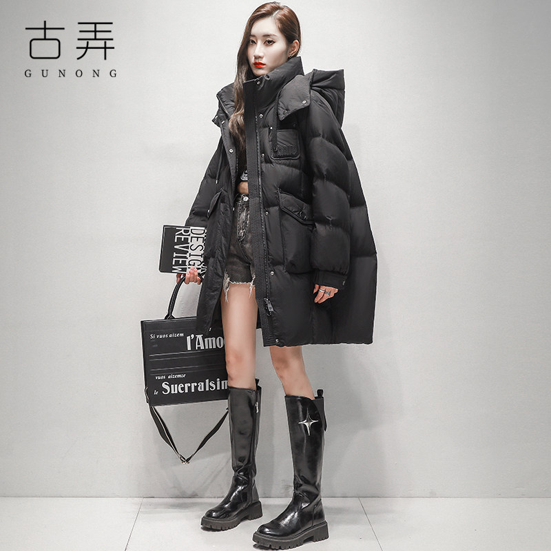 古弄高品质羽绒服女中长款冬季韩版宽松休闲小个子大口袋茧型外套