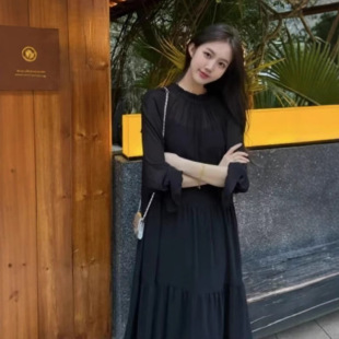 气质木耳边黑色宽松两件套连衣裙 哥家商场同款 女装 2025夏季 时尚
