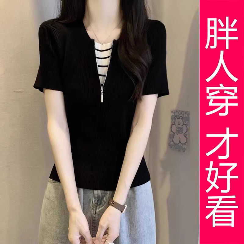专柜大码2026新款夏季薄设计感小众黑色假两件冰丝针织衫上衣女潮