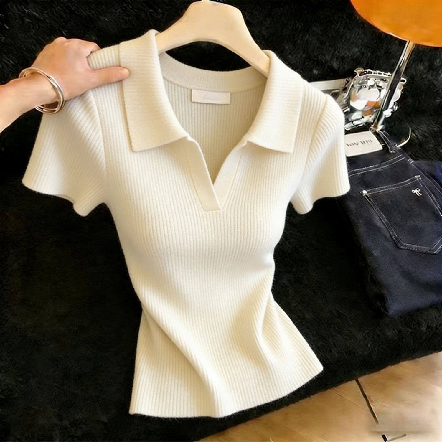 【专柜品质】大码高级感Polo领冰丝短袖T恤女夏季纯色简约上衣潮