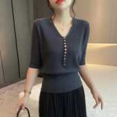 高腰宽边气质半袖 女套头显瘦上衣 纯色V领设计感针织衫 针织衫 中袖