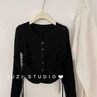 女士潮 2024春秋款 美拉德打底衫 上衣潮设计感抽绳收腰长袖 针织开衫