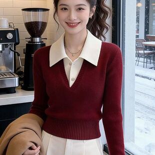 轻熟风翻领假两件针织衫女秋冬酒红色修身显瘦打底毛衣