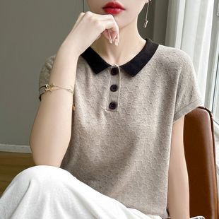 新款 2024新中式 T恤女夏季 时尚 撞色宽松显瘦上衣女 POLO领冰丝短袖