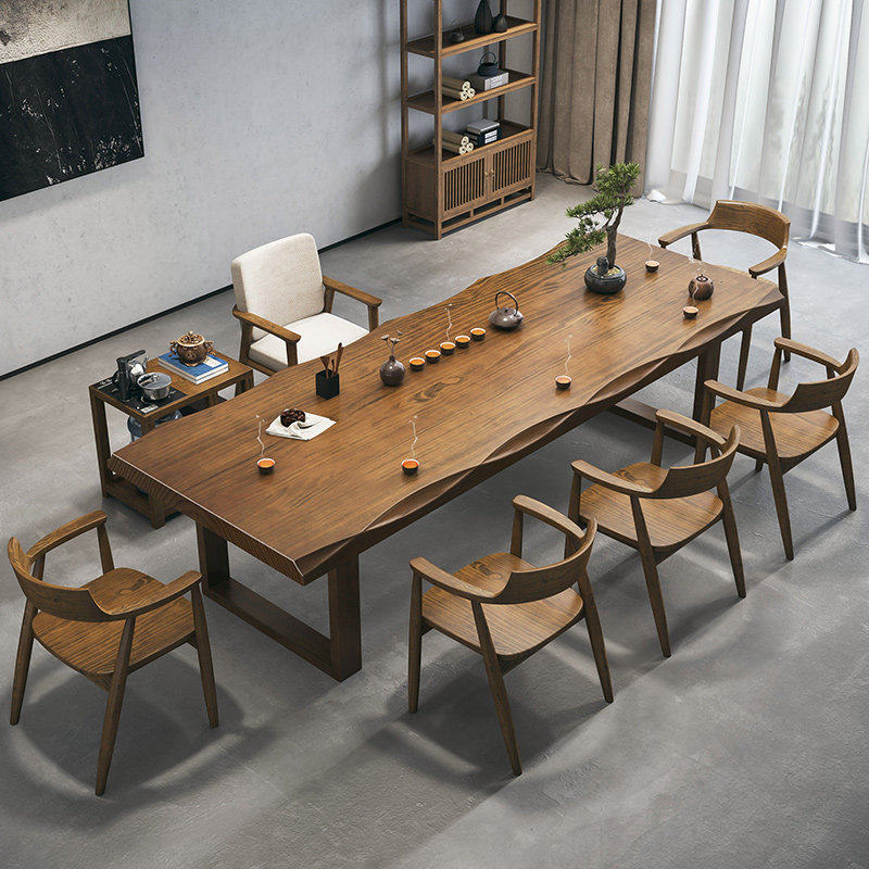 原木茶桌椅组合新款新中式复古色家用餐桌一体两用侘寂风实木茶桌