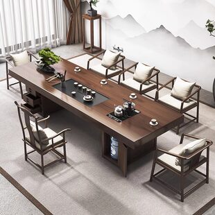 原木简约茶台办公室客厅大板家用抽屉泡茶桌 实木茶桌椅组合新中式