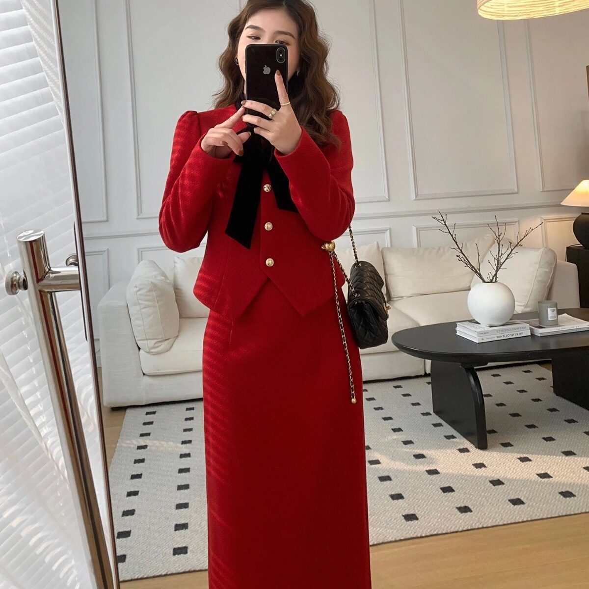 红色小香风加厚毛呢妈妈婆婆套装