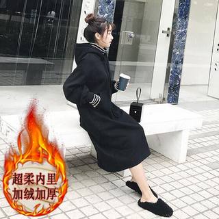 加绒加厚新款韩国宽松慵懒风连帽过膝长裙潮卫衣裙女中长款连衣裙